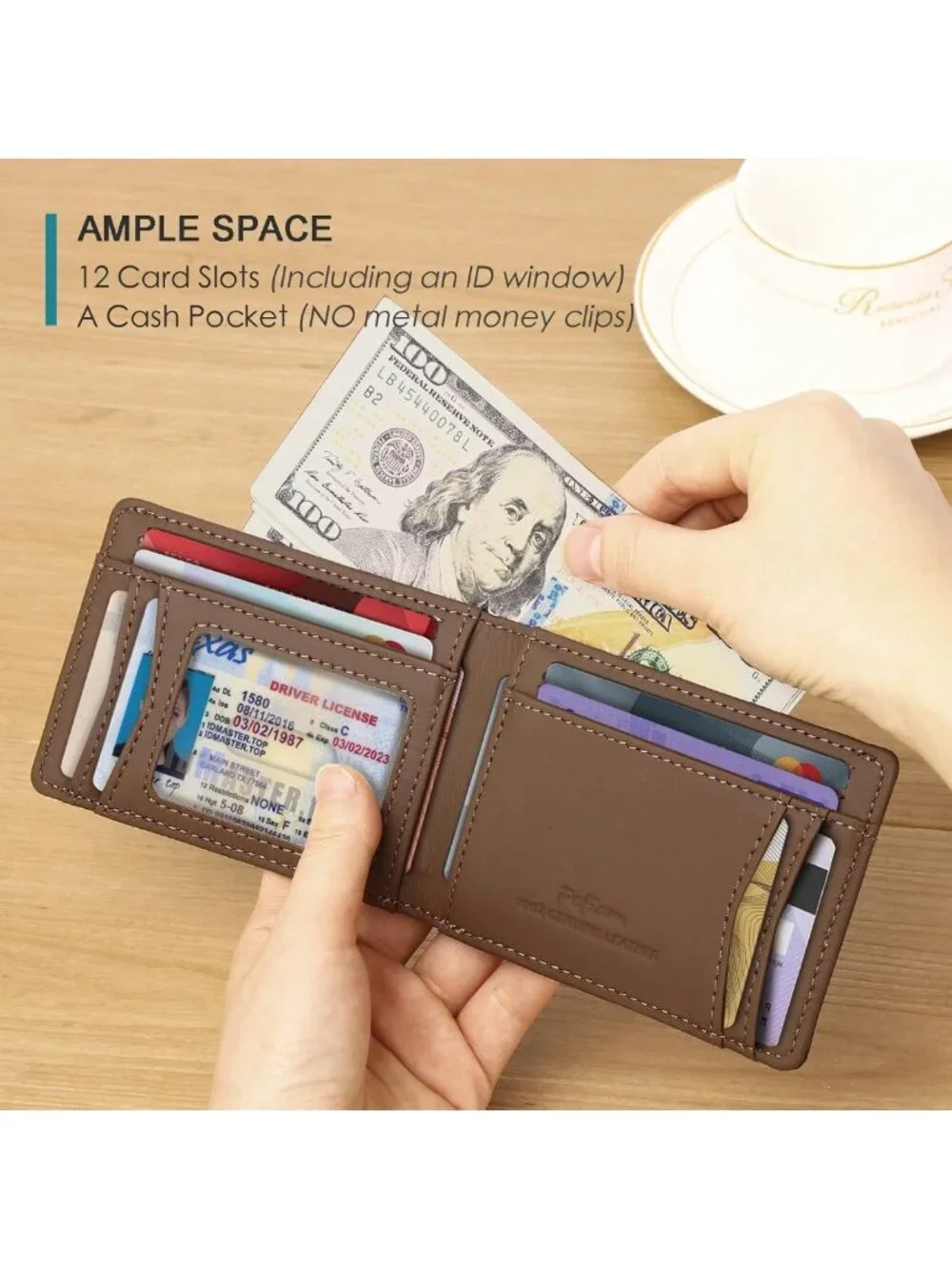 Men's Bifold Leather Wallet with RFID Blocking, 12 Card Slots, USA Flag Design